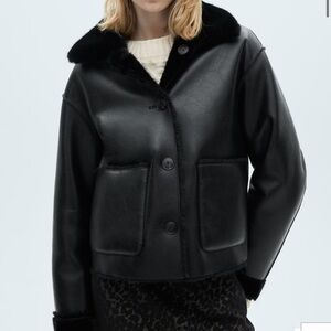 MANGO BLACK DOUBLE-SIDED LEATHER-EFFECT JACKET WITH POCKETS
